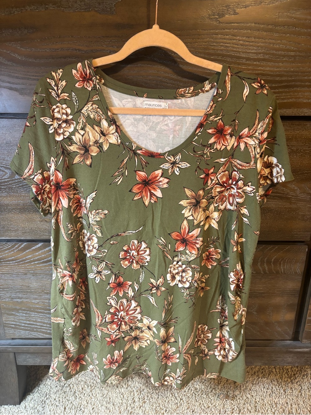 Maurices Maternity 2X Olive Green Floral Scoop Neck Tee with Warm Blooms
